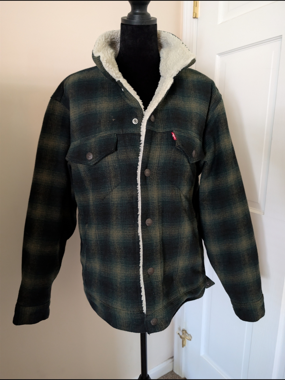 Levi's Plaid Sherpa Trucker Jacket Green Black Relaxed Fit Small